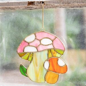 Natural Life - Stained Glass Suncatcher Window Hanging Gold Pink Orange Mushroom